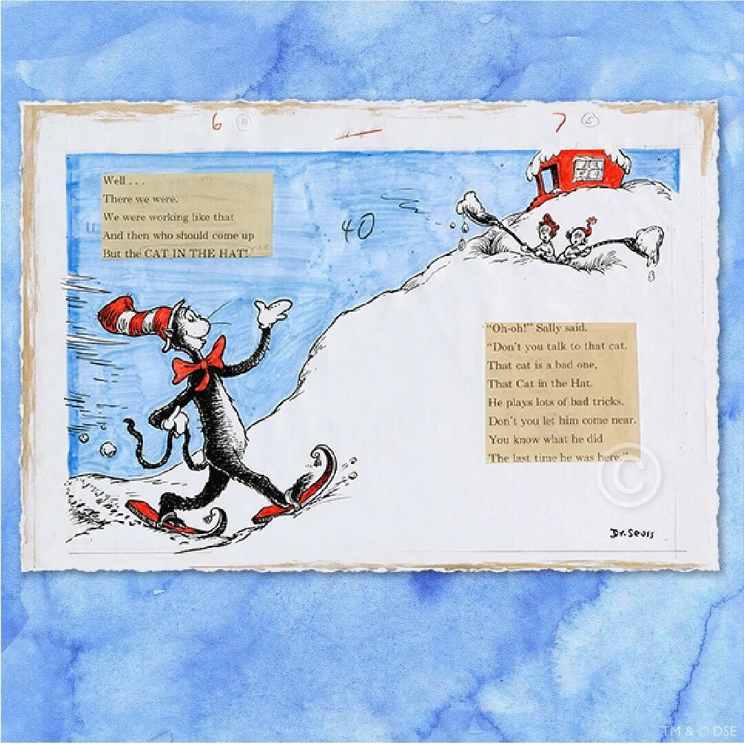 In the work done for The Cat in the Hat Comes Back, Dr. Seuss did something rarely found in his early-stage concept drawings. Here he combines pen and ink with colored pencil, crayon, and a watercolor wash to create the background. The resulting imag