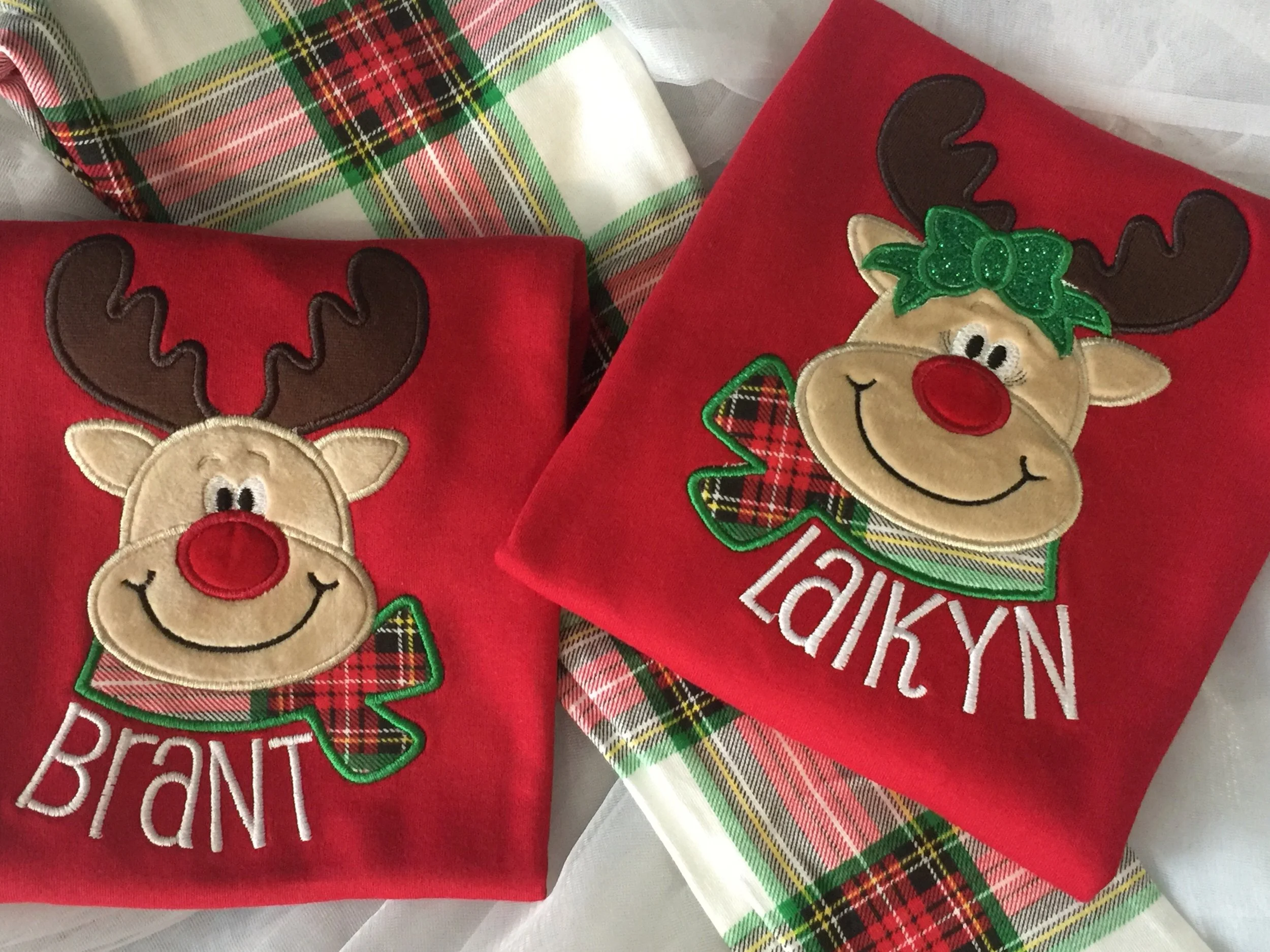 Applique and Stitched Name on Organic Plaid