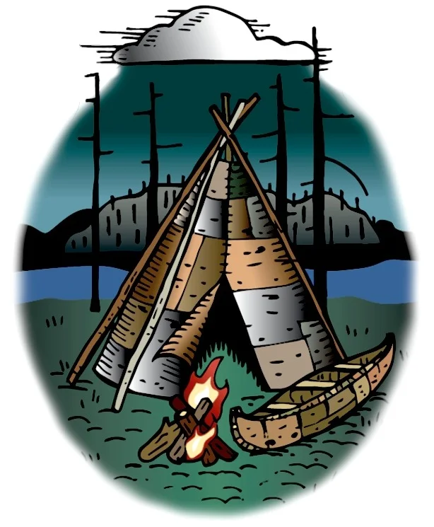Teepee and canoe on shore.jpg