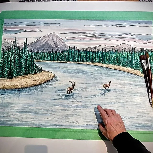 Biggest watercolour painting I've done. It's an experiment. Working up to twice this size. Not loving the style i did so will go looser/more painterly for the next size up. @vagabondpapa I'm getting mileage out of your photograph 😉 #watercolour #painting #inspiredbynature #elk #mountains #river #nature #northwest #alberta #britishcolumbia #canada #wildlife #watercolor #watercolourpainting