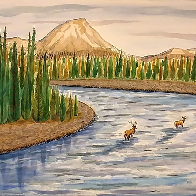 Last time i will draw or paint this scene 😊 three and a half feet wide by two and a half feet high. The last version wasn't really me. This is getting closer but... I'm done with this. Thanks again Pete! 🌲🌲🌲 #watercolourpainting #mountains #landscape #painting #illustration #watercolour #elk #outdoors #nature #art #wildlife #mountainriver #hiking #wildlifeart #inspiredbynature #naturelover