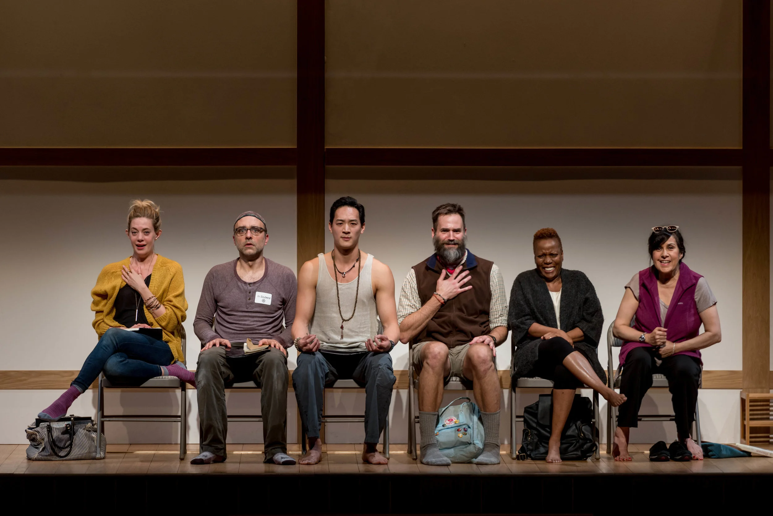 The Cast of Small Mouth Sounds - left to right: Brenna Palughi (Alicia), Ben Beckley (Ned), Edward Chin-Lyn (Rodney), Connor Barrett (Jan), Cherene Snow (Judy), Socorro Santiago (Joan). Photo by Ben Gibbs