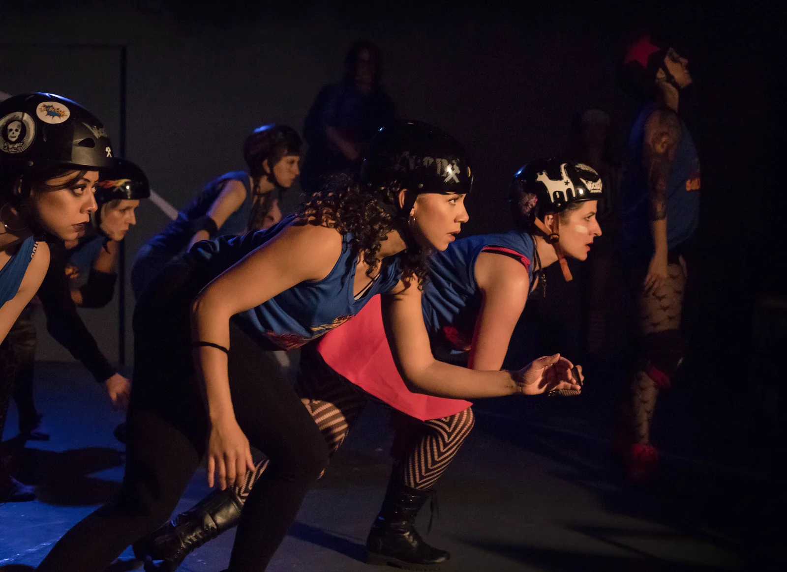(Foreground) - Crystal Diaz, Cassandra Blair, Alina Phelan (with the company) star in Theatre of NOTE's West Coast Premiere production of "FOR THE LOVE OF (or the roller derby play) by Gina Femia, directed and choreographed by Rhonda Kohl and now playing at Theatre of NOTE in Hollywood. Photo by Darrett Sanders