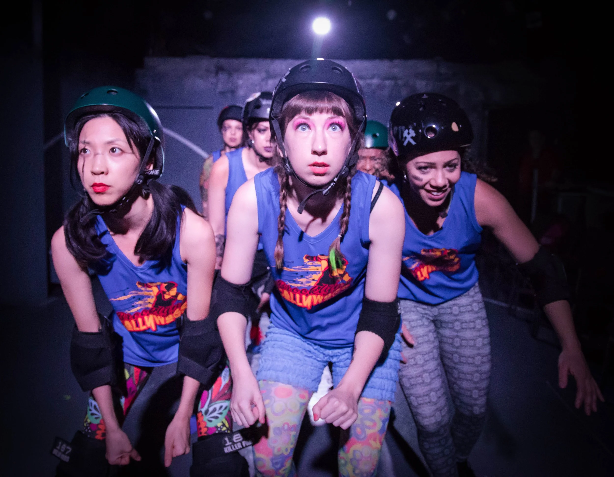  Foreground - Jenny Soo, Liesel Hanson, Cassandra Blair (with the company) star in Theatre of NOTE's West Coast Premiere production of "FOR THE LOVE OF (or the roller derby play) by Gina Femia, directed and choreographed by Rhonda Kohl and now playing at Theatre of NOTE in Hollywood. Photo by Darrett Sanders