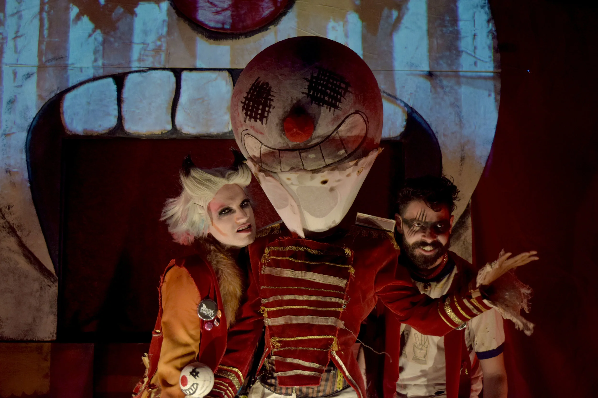 Fox (Amir Levi), Fire Eater (Keiana Richàrd) and Cat (Tyler Bremer) in Rogue Artists Ensemble’s Wood Boy Dog Fish at the Garry Marshall Theatre. Photo by Chelsea Sutton.