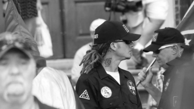 White Supremacist with dreadlocks protesting the removal of a Confederate monument in Chancellorsville, Virginia.