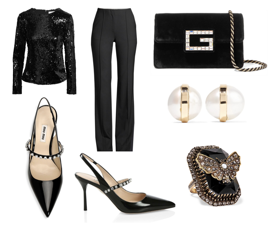 Racil Judy Sequined Tulle Top ($525) at Net-A-Porter.com , Diane von Furstenberg Pleated Flare Pants ($468) at SaksFifthAvenue.com , Miu Miu Embellished Slingback Pumps ($790) at Nordstrom.com , Gucci Broadway Crystal-Embellished Velvet Shoulder Bag ($1,590) at Net-A-Porter.com , Melissa Joy Manning 14-Karat Gold Pearl Earrings ($300) at Net-A-Porter.com , Alexander McQueen Gold-Plated, Swarovski Crystal and Faux Pearl Ring ($730) at SaksFifthAvenue.com
