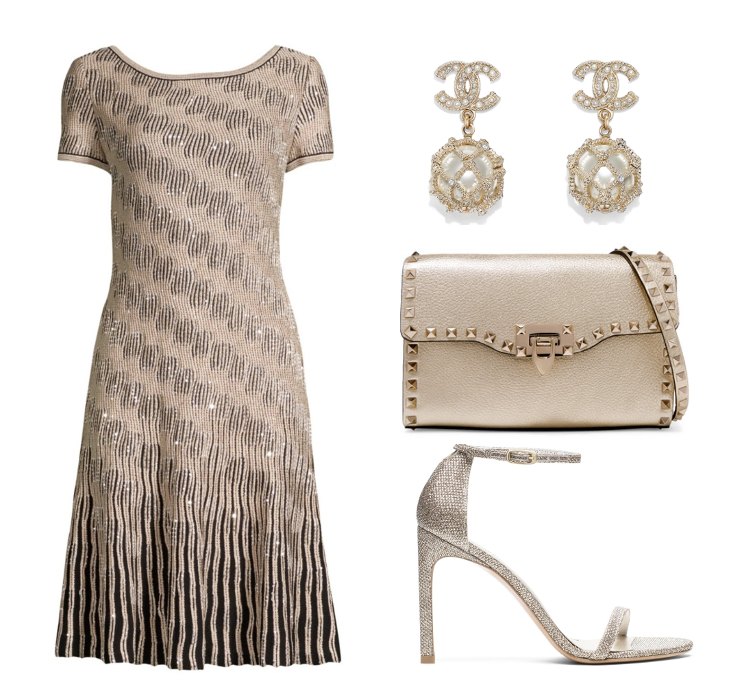 St. John Sequin Trellis Sheath Dress ($1,695) at SaksFifthAvenue.com , Chanel Earrings ($700), Valentino Garavani The Rockstud Metallic Textured-Leather Shoulder Bag ($1,345) at Net-A-Porter.com, Stuart Weitzman Nudistsong Ankle Strap High-Heel Sandals in Platinum ($425) at StuartWeitzman.com .