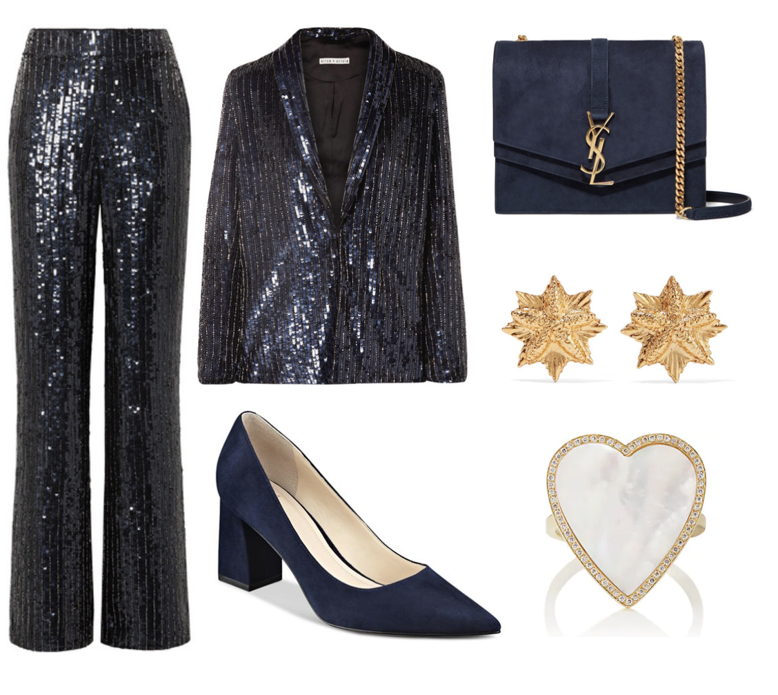Alice + Olivia Jace Oversized Sequined Satin Blazer ($695) and Alice + Olivia Racquel Sequined Satin Wide-Leg Pants ($550) at Net-A-Porter.com , Marc Fisher LTD ‘Zala’ Pump in Navy Suede ($159) at Nordstrom.com , Saint Laurent Sulpice Medium Suede Shoulder Bag ($2,590) at Net-A-Porter.com, Oscar De La Renta Gold-Plated Earrings ($190) at Net-A-Porter.com , Jennifer Meyer Mother-Of-Pearl & Diamond Heart Ring ($3,750) at Barneys.com.