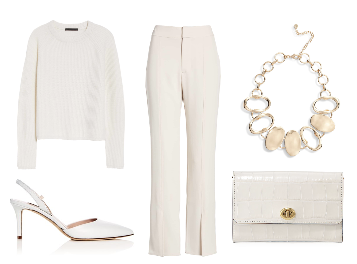 Something Navy Skinny Slit Hem Pants in Beige Whisper ($79) at Nordstrom.com , Jenni Kayne Fisherman Crewneck Cashmere Sweater i n Ivory ($395) at Nordstrom.com , SJP by Sarah Jessica Parker Women’s Bliss Leather Slingback Kitten Heel Pumps ($325) at Bloomingdales.com , Coach 1941 Croc-Embossed Turnlock Chain Crossbody Bag ($225) at NeimanMarcus.com , Halogen Molten Statement Collar Necklace ($59) at Nordstrom.com.