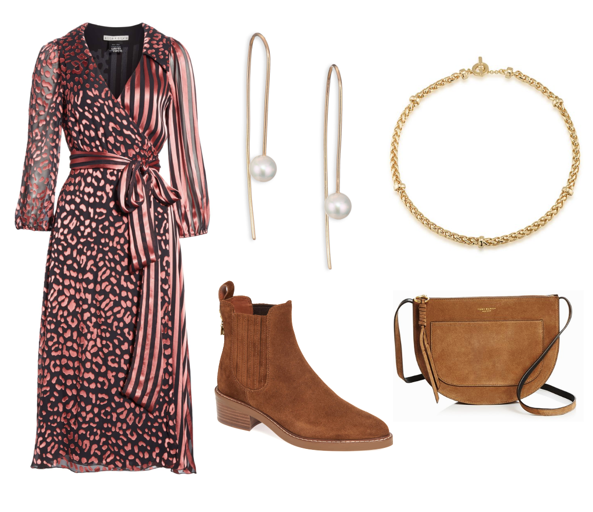 Alice + Olivia Abigail Wrap Dress ($495) in Leopard Rose at Nordstrom.com , Coach Bowery Chelsea Bootie in Cognac Suede ($294.95) at Nordstrom.com , Zoe Chicco 6MM White Pearl & 14K Yellow Gold Threader Drop Earrings ($175) at SaksFifthAvenue.com , Lauren Ralph Lauren Chain Necklace, 18” ($54) at Bloomingdales.com , Tory Burch Piper Large Suede Saddle Bag ($328) at Bloomingdales.com.