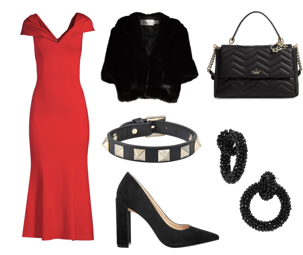 Alice + Olivia Cecilia Drape-Shoulder Midi Dress ($395) at SaksFifthAvenue.com , Eliza J Faux Fur Capelet ($98) at Nordstrom.com , Marc Fisher LTD Elia Pump in Black Suede ($159) at Nordstrom.com , Kate Spade New York Reese Park Crossbody Bag ($378) at Nordstrom.com , Valentino Rockstud Leather Bracelet ($195) at SaksFifthAvenue.com , Baublebar Beaded Link Hoop Earrings ($42) at Bloomingdales.com.