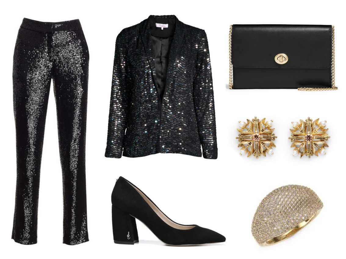 A.L.C. Hanson Sequin Trousers ($445) at SaksFifthAvenue.com , Parker Tabitha Iridescent Sequin Blazer ($598) at SaksFifthAvenue.com, Sam Edelman T atiana Pump in Black Suede ($119) at Nordstrom.com , Coach Smooth Leather Flap Wallet ($195) at Nordstrom.com , Badgley Mischka Stud Earring s ($68) at Nordstrom.com , Adriana Orsini 1 8K Goldplated Sterling Silver Statement Ring ($170) at SaksFifthAvenue.com.
