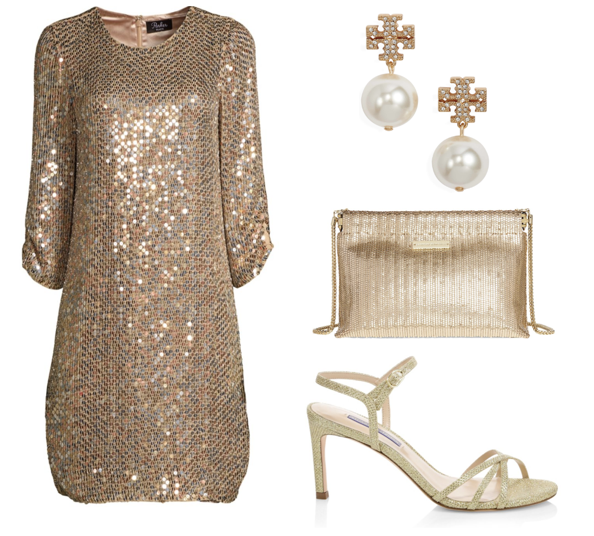 Parker Black Petra Sequin Dres s in Sand ($538) at SaksFifthAvenue.com , Tory Burch I mitation Pearl Drop Earring s ($128) at Nordstrom.com , Loeffler Randall Collette Hinged Pouch Bag ($295) at SaksFifthAvenue.com, Stuart Weitzman Starla Strappy Slingback Sandals ($395) at SaksFifthAvenue.com.