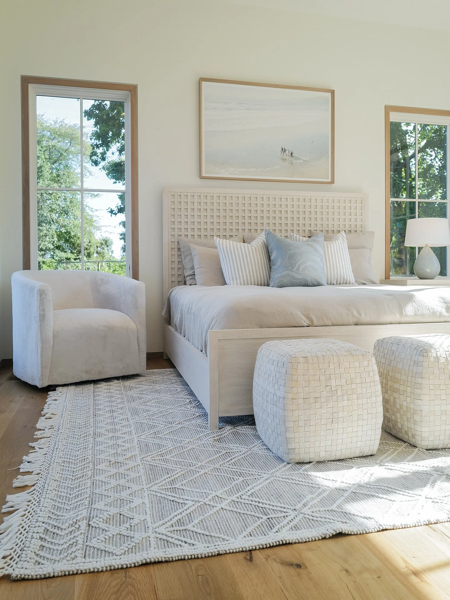 Light, airy, and inviting 🌊This bedroom was staged with layered textures, soft neutrals, and timeless pieces to create a calming retreat. Visit us in-store or place a special order to bring this look home. 

Don&rsquo;t forget to ask about our compl