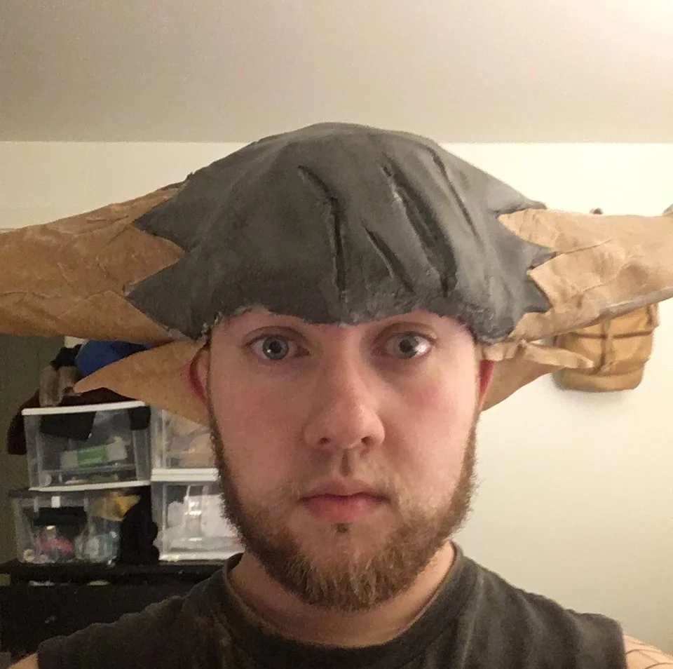  Horn helmet WIP test fit. Constructed of Worbla, with a wire understructure and a EVA foam skin.&nbsp; 