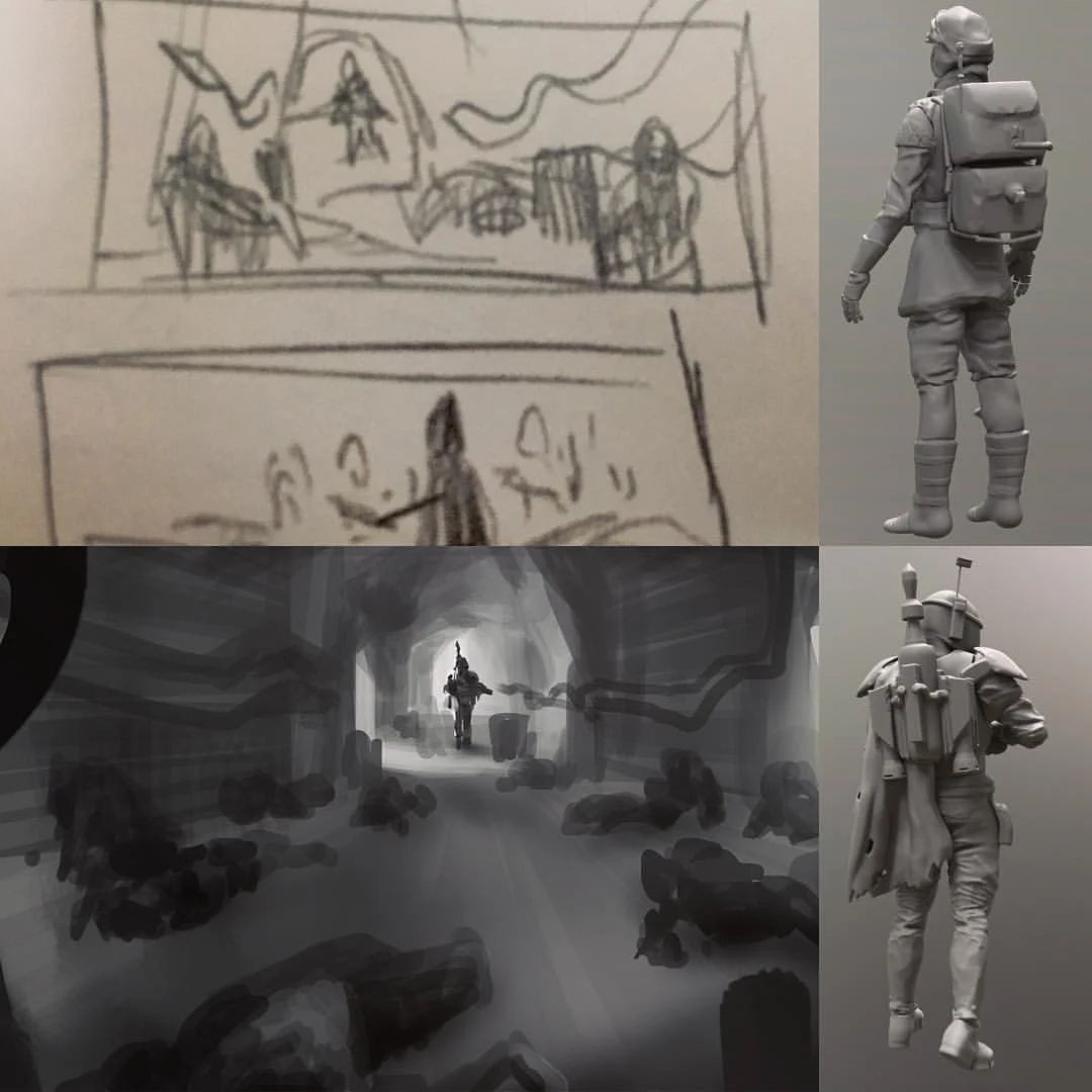 For the #ILM #Artstation #Starwars challenge moment 2 these were the composition #thumbnails #rough as well as the #3dcoat character sculpts I needed for the final. This one I finished with just 4 minutes to go. Still getting the house ready for sale at one point no desk to work on. I’ll post final tomorrow. #lifehappens #art #drawing #painting #starwarsempirestrikesback #vader #rebbles #Hoth #empirestrikesback
