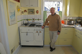 Joe with his pride and joy Model C, in a great original vintage "sunrise" kitchen in Elmhurst, Illinois.