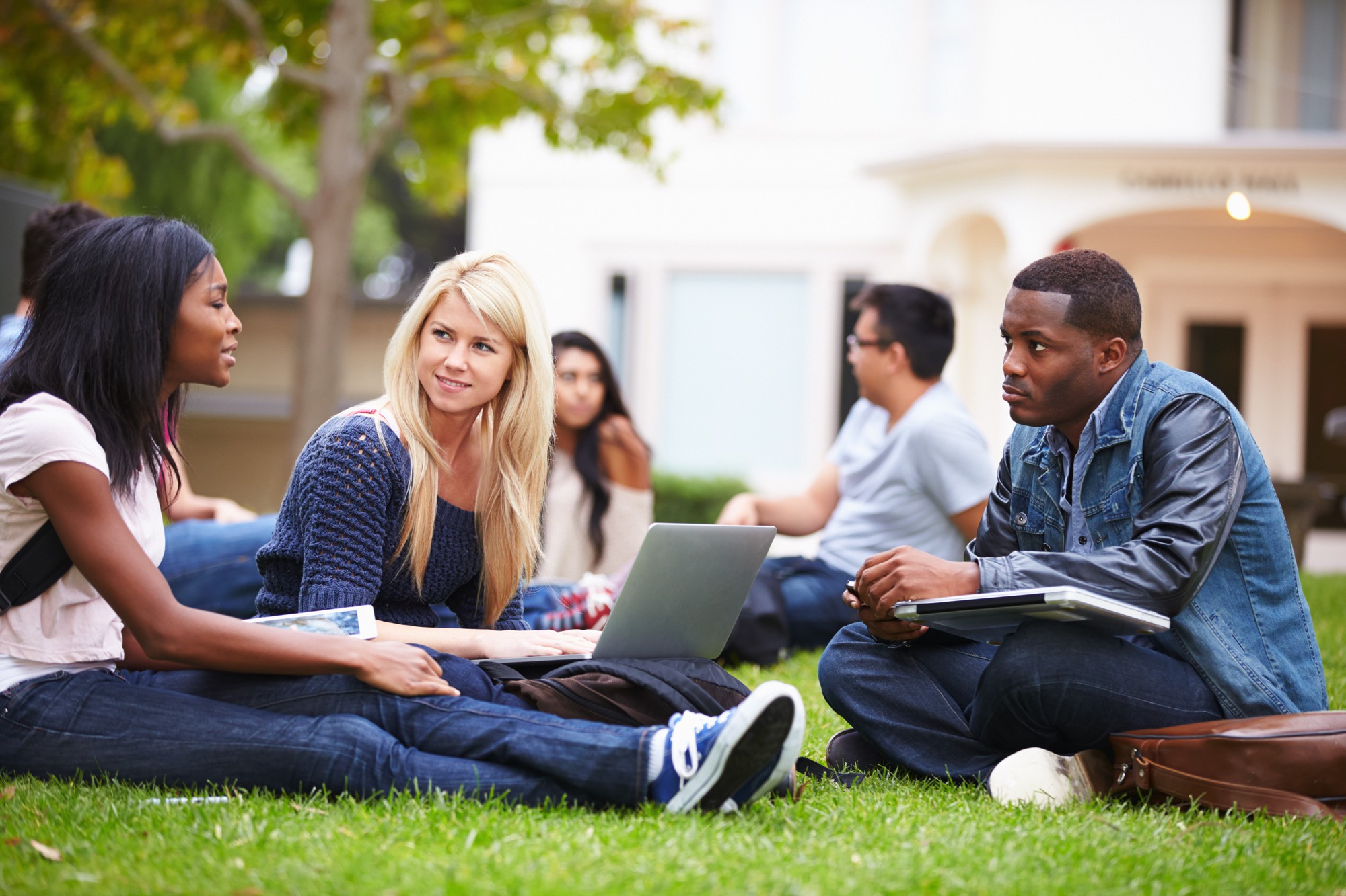 Diverse group of university students working outside together on the grass in the quad.jpg