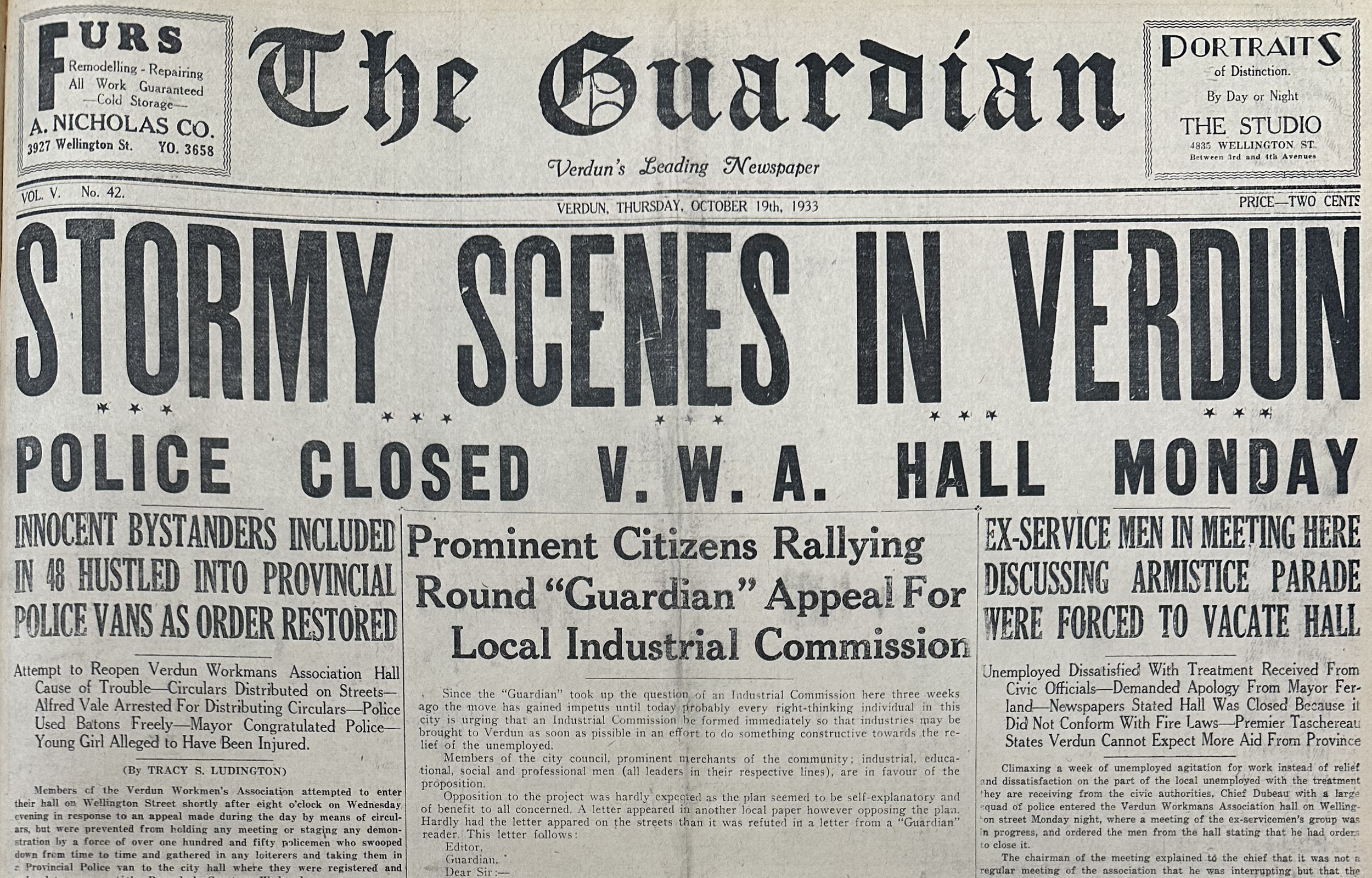 Page frontale de l'hebdomadaire verdunois The Guardian, le jeudi 19 octobre 1933.