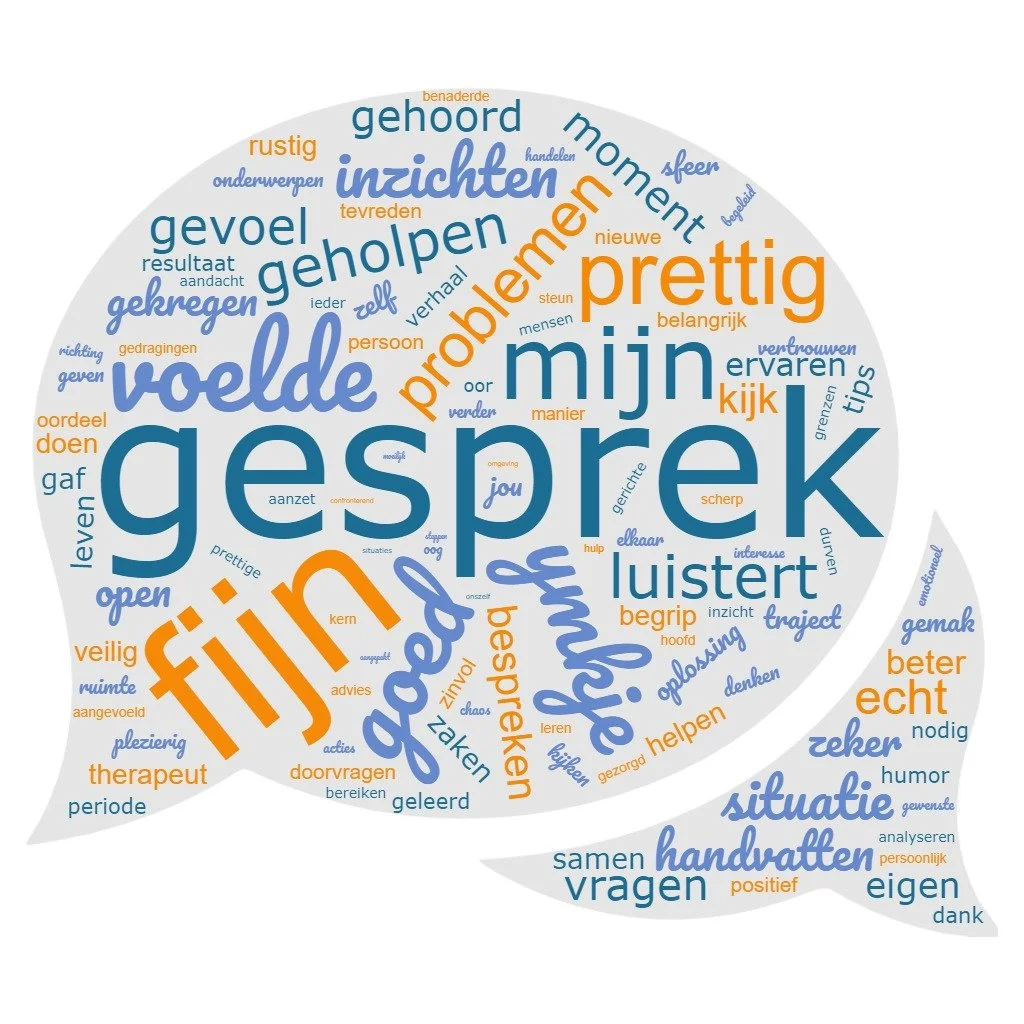 Een woordwolk met woorden die te maken hebben met communicatie en gesprekken, zoals 'gesprek', 'luistert', 'voorstellen', 'vraag', en 'probleem'.