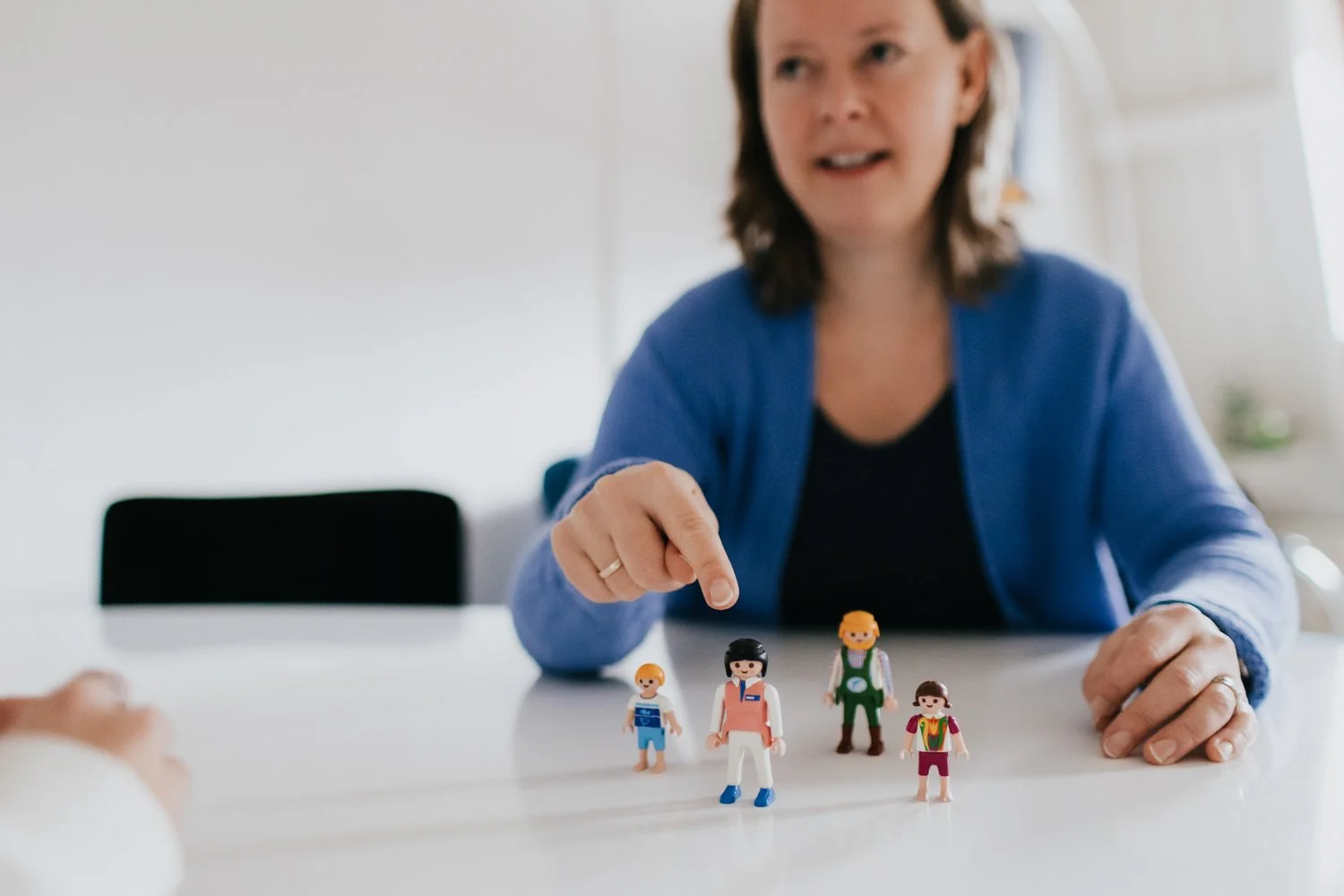 Als systeemtherapeut werkt Ymkje Albada met diverse middelen; opstellingen, vloerankers, patronen, poppetjes, kaartjes, spellen, tekenen.