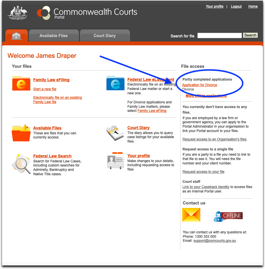Commonwealth Courts Portal - Application for Divorce - Partly completed applications.png