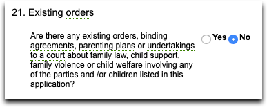 Commonwealth Courts Portal - Application for Divorce - Existing order - Are there any existing orders, binding agreements, parenting plans or undertakings to a court about family law, child support, family violence or child welfare involving ... - No.png
