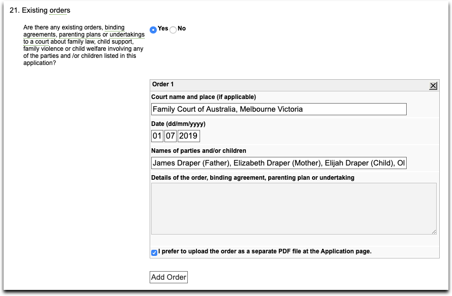 Commonwealth Courts Portal - Application for Divorce - Existing orders - Are there any existing orders, binding agreements, parenting plans or undertakings to a court ... - I prefer to upload the order as a separate PDF file at the Application page.png