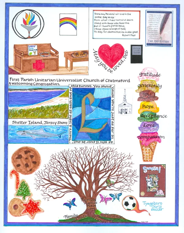An Illustrated Life: Lizzy This commission was for a recipient of award in the Unitarian Church of Chelmsford. Each ice cream flavor represents different aspects of the Church's teachings while the soccer ball and the destinations depicted are of a more personal nature for the recipient. The tree was a special image for her as well as the butterflies.