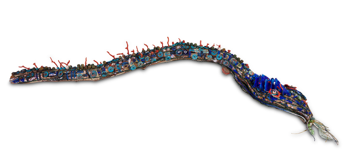 'Hestia' Sculpture Driftwood, Coral, Aventurine, Shells, Wooden Beads, Paper, Recycled Plastic, Textile, Threads