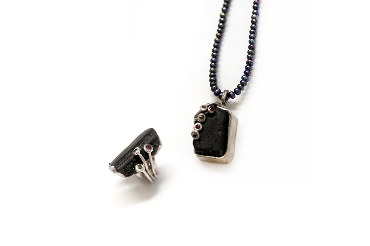 Ring & Pendant Platinum Plated Sterling Silver, Basalt, Diamonds, Rubies, Black Pearl Beads