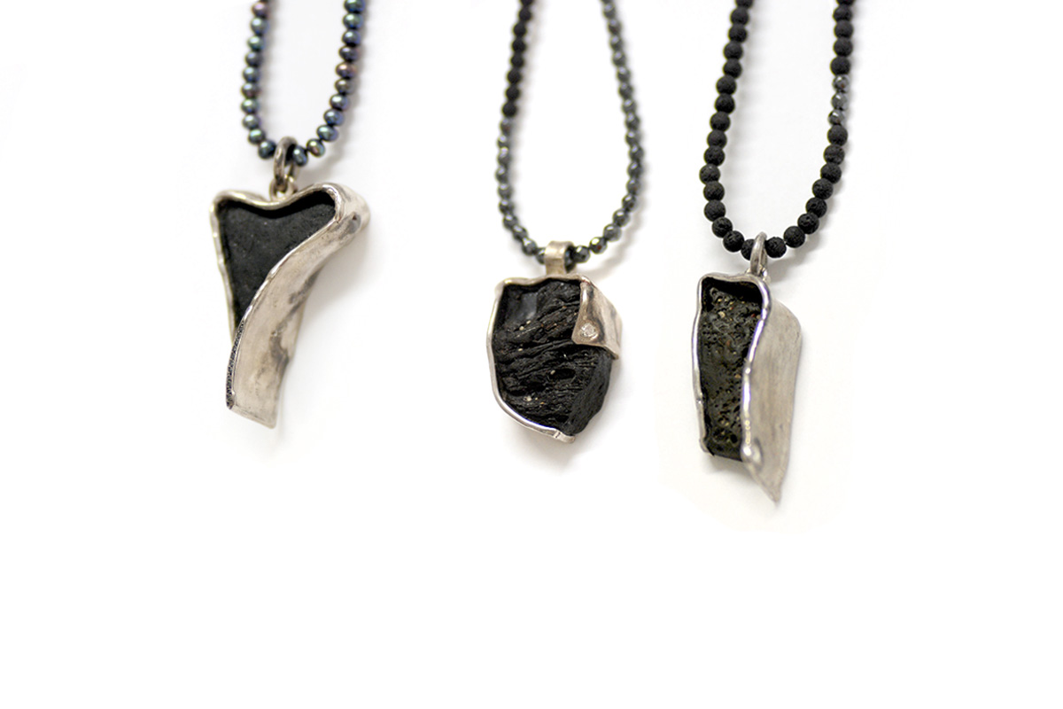 Pendants Platinum Plated Sterling Silver, Obsidian, Basalt, Diamonds, Rose Cut Diamond, Lava, Black Pearl and Hematite Beads