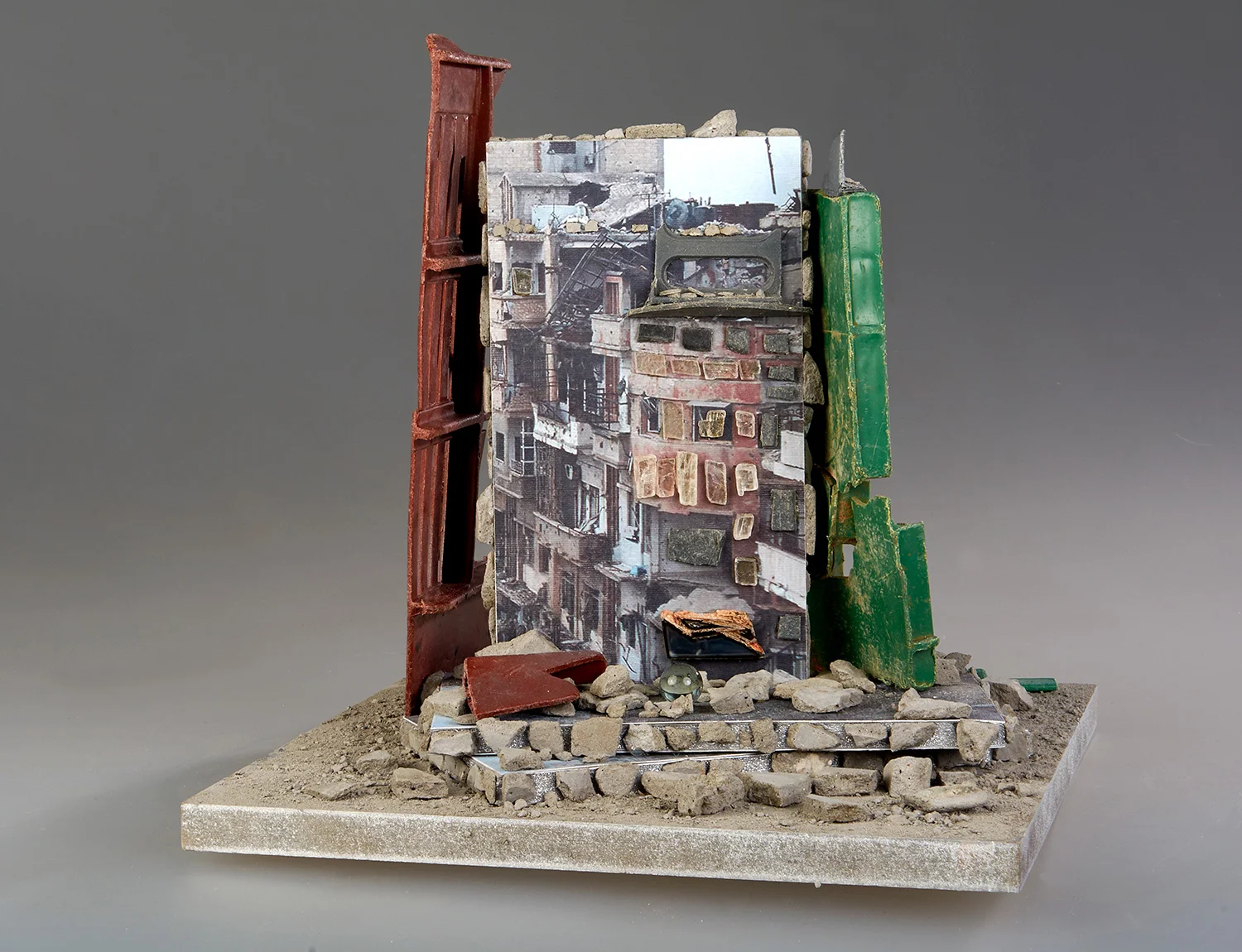 'Antilogos I' Artwork based on Yazan Homsy/Reuters photograph "The Destruction of Homs" (January 27, 2014) Wood, Recycled Plastic, Paper, Cement, Glass, Agate, Calcite, Aegirine