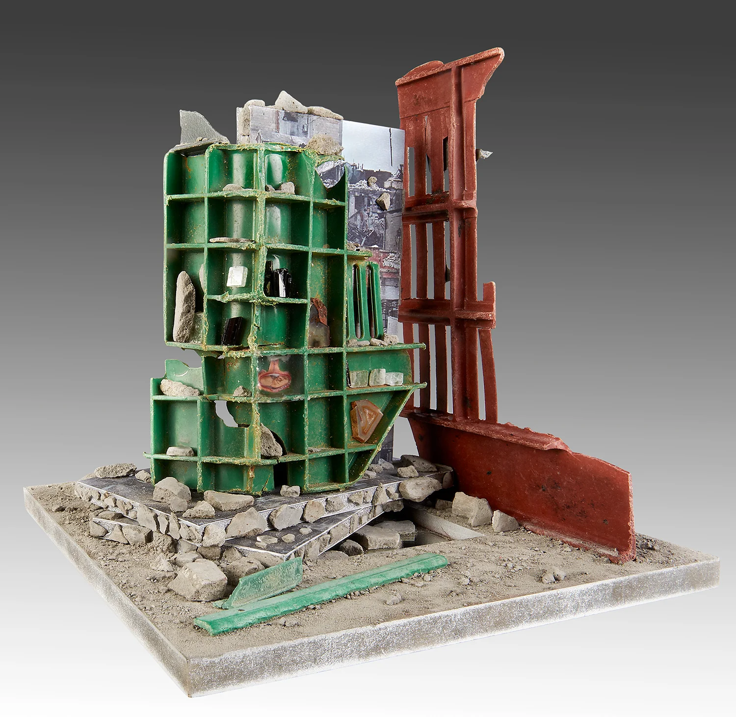 'Antilogos I' Artwork based on Yazan Homsy/Reuters photograph "The Destruction of Homs" (January 27, 2014) Wood, Recycled Plastic, Paper, Cement, Glass, Agate, Calcite, Aegirine