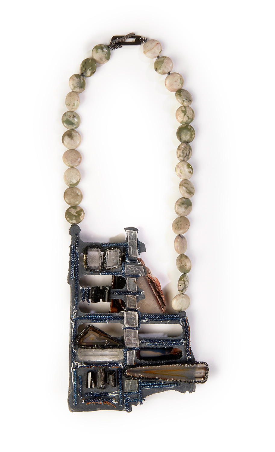 'Antilogos III' Necklace Silver, Recycled Plastic, Textile, Quartz, Agate, Calcite, Aegirine, Jasper