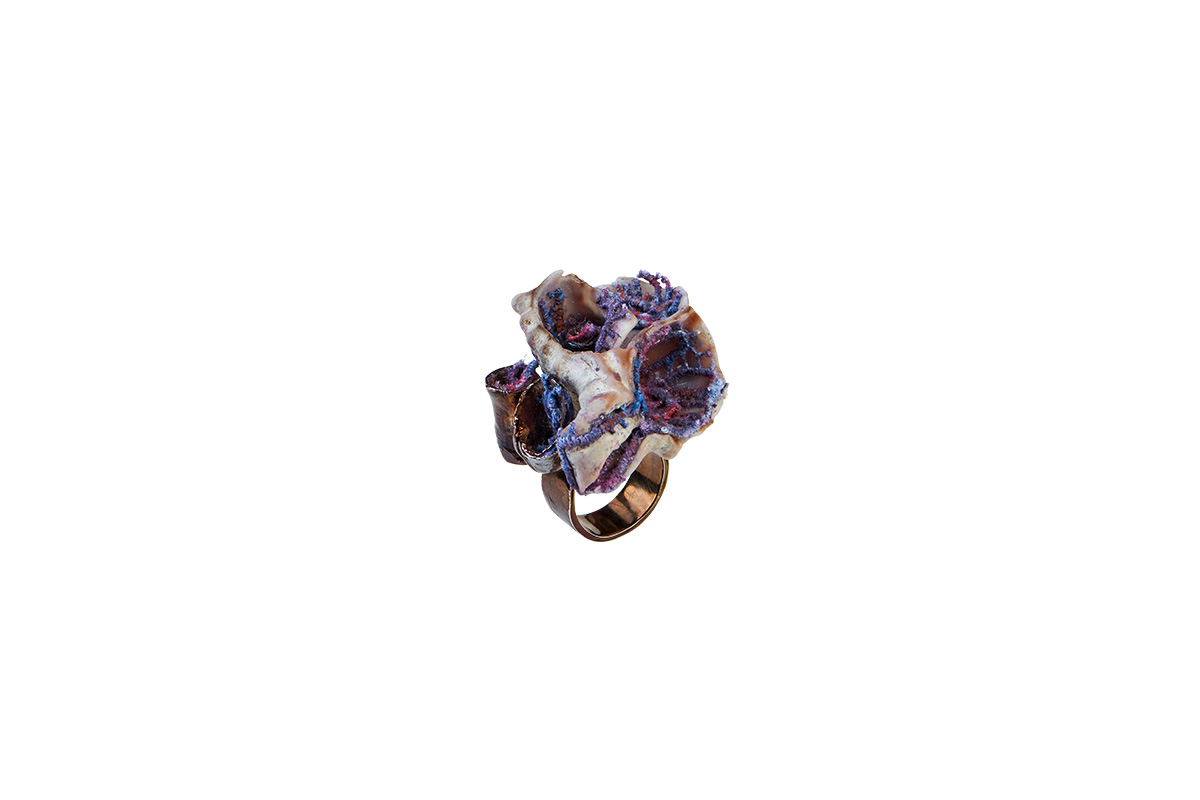 Ring Platinum Plated Sterling Silver, Seashell, Lace, Threads, Pigment