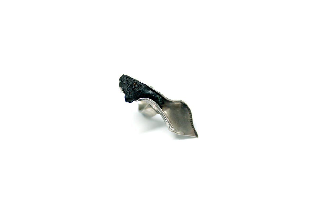 Ring Platinum Plated Sterling Silver, Basalt, Diamonds