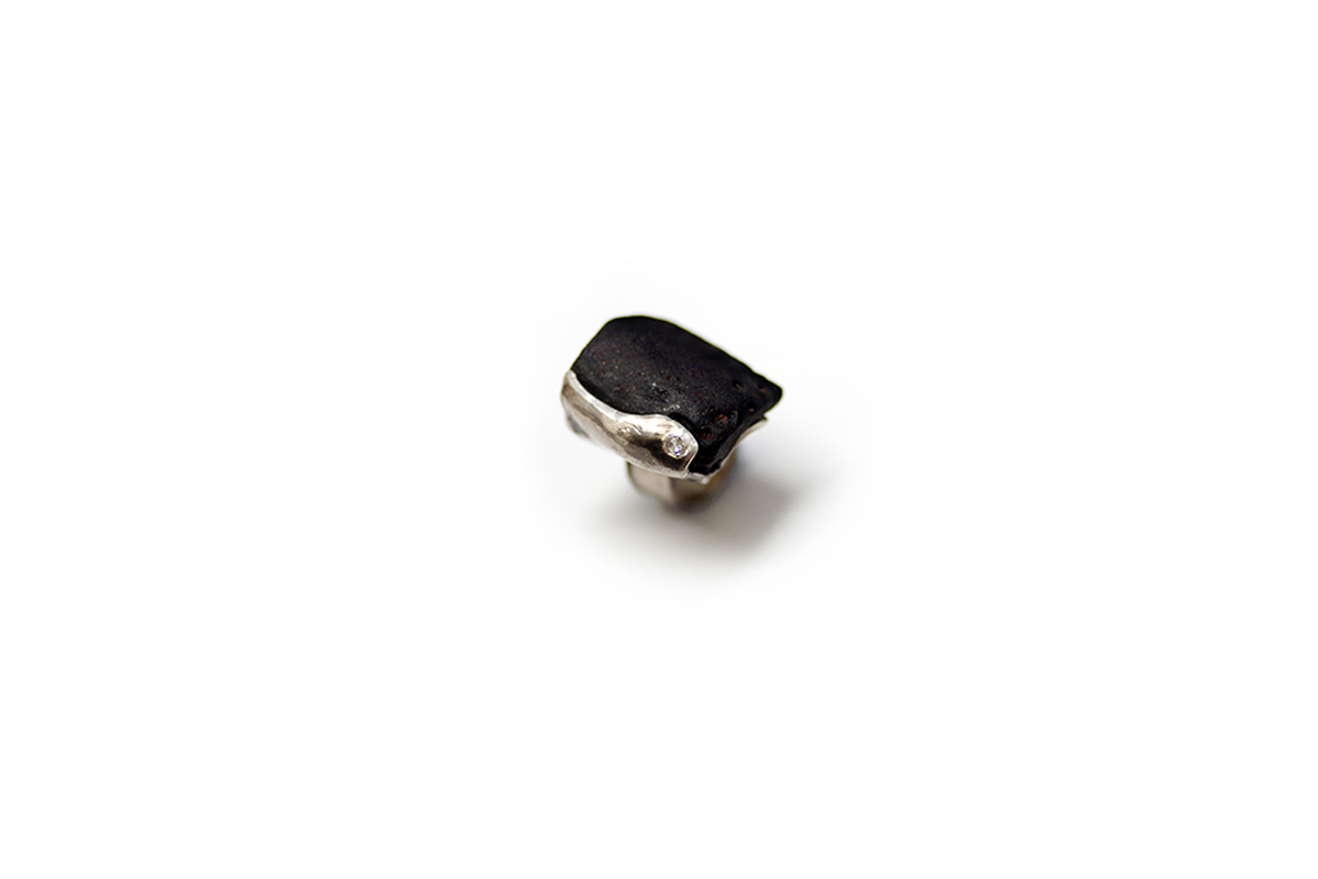 Ring Platinum Plated Sterling Silver, Basalt, Rose Cut Diamond