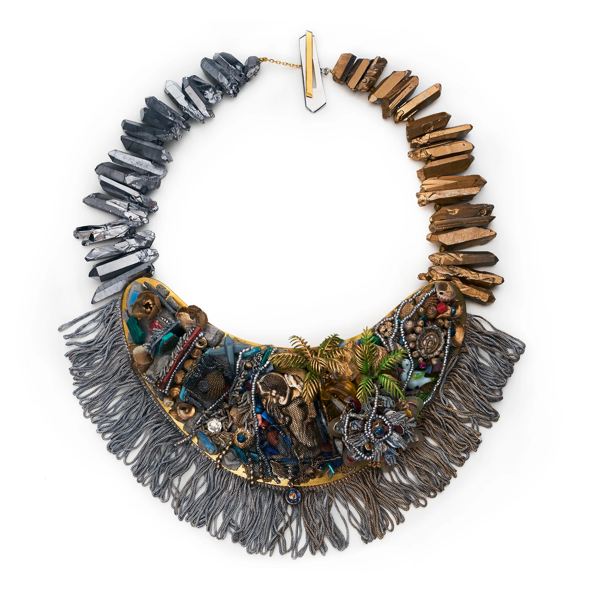 Necklace Bronze, Pyrite, Mineral Stones, Recycled Plastic, Paper, Textile, Thread, Seashells, Murano Glass, Found Objects, Pigment