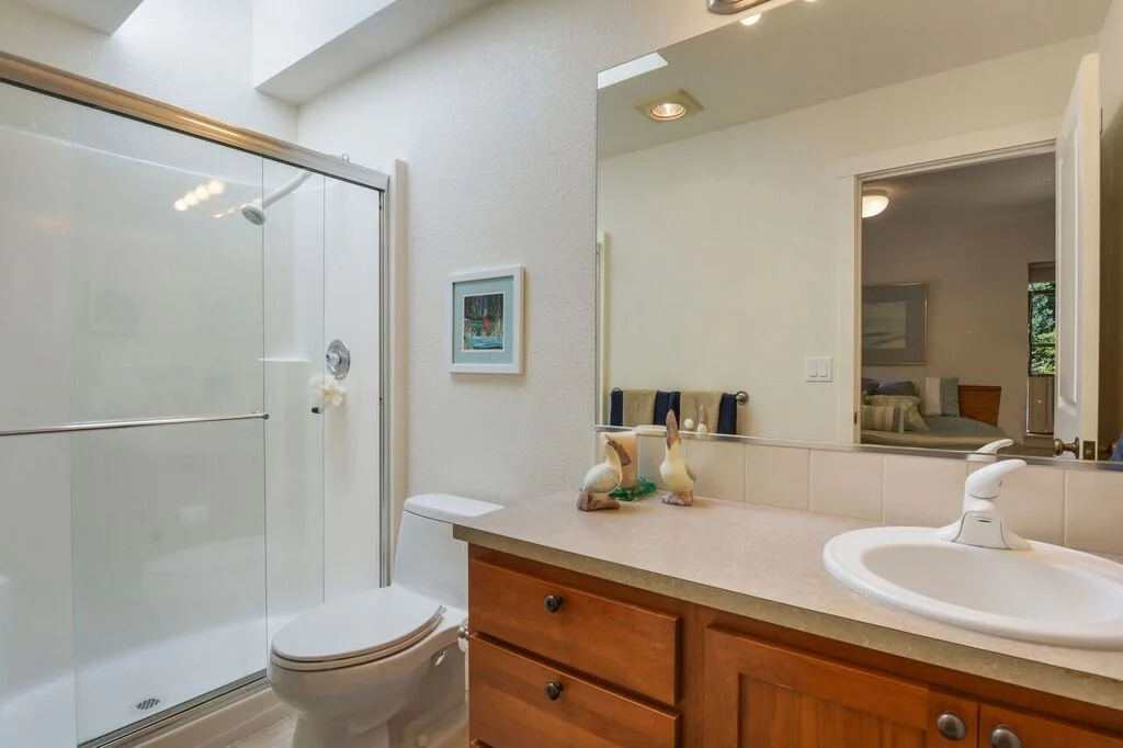 Private 3/4 bathroom attached to the main bedroom with beautiful skylight above, spacious shower, and plenty of storage in the vanity's cupboard and drawers.