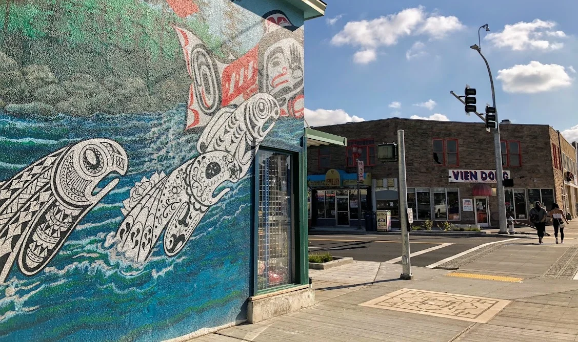 A portion of Bob Henry’s Leaping Salmon Mural at S. 38th and Yakima