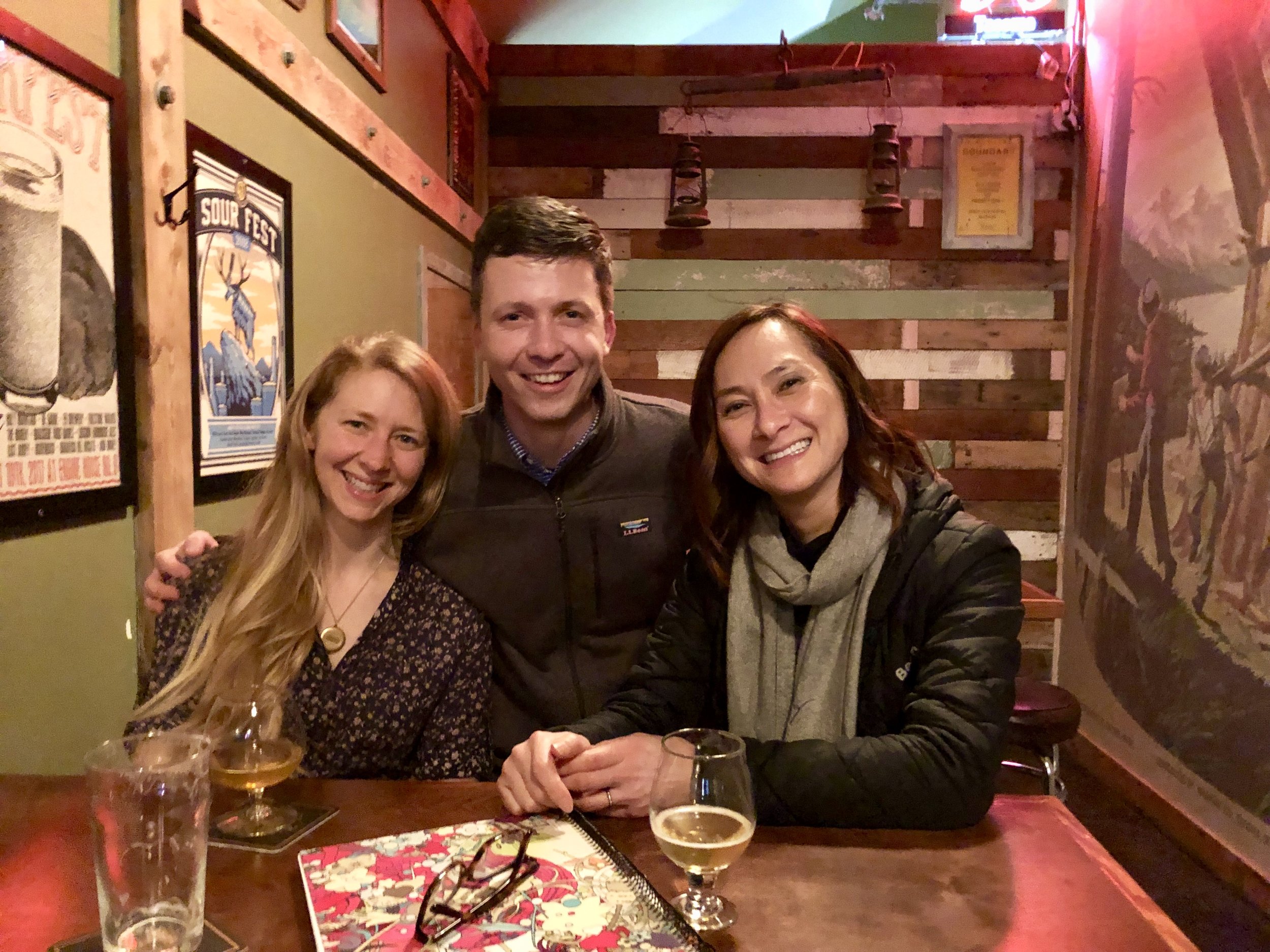 Our first meeting at Peaks & Pints where the Duggan, Brooks & Books Project got started. (Left to right: Gretchen Duggan, Michael Duggan, Dr. Jamie Brooks)