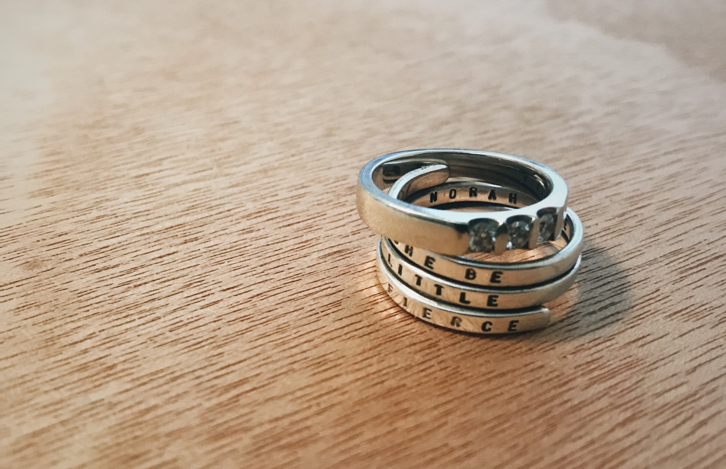 The two rings besides my wedding ring that I always wear: my Mother’s anniversary band and my Norah ring.