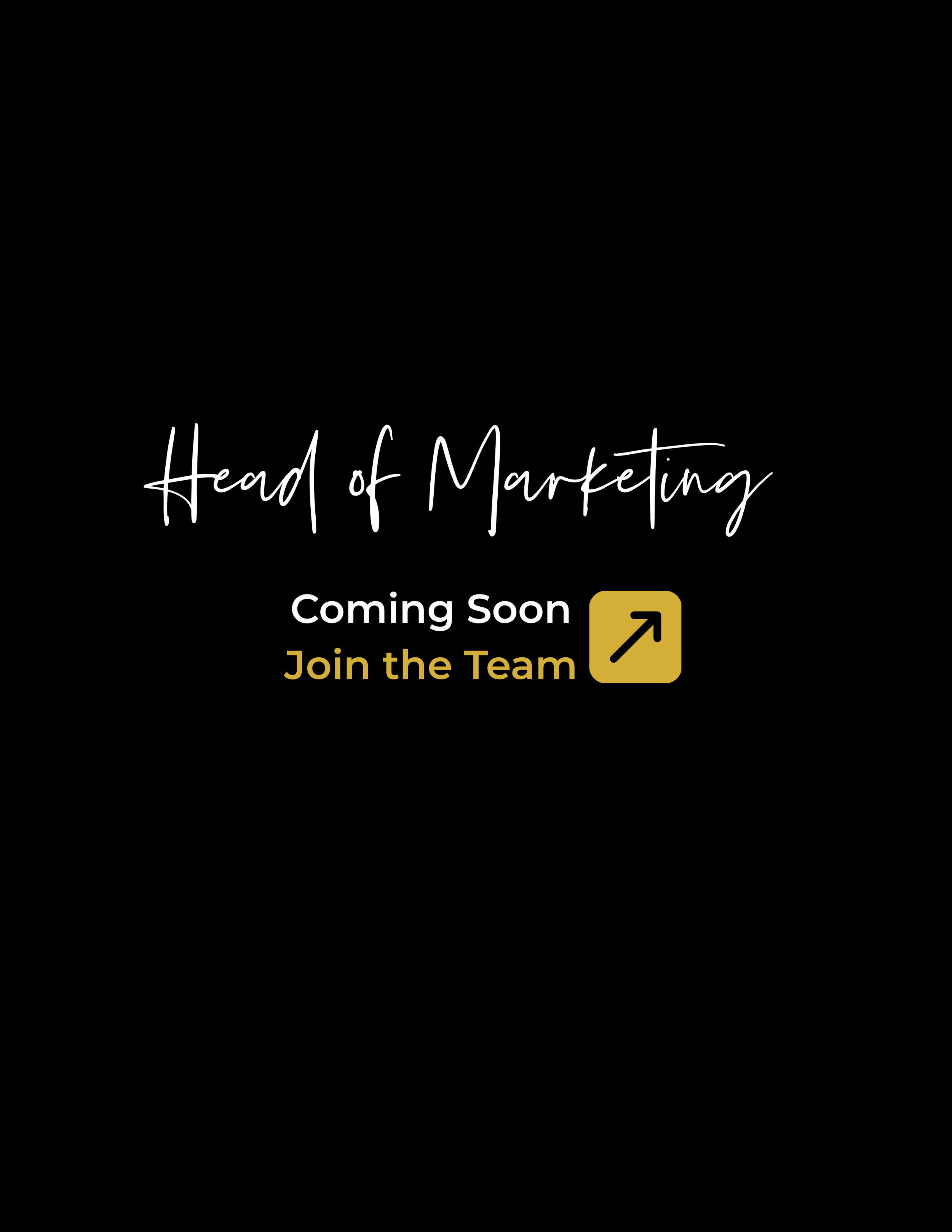 Black promotional poster with white and gold text promoting a marketing job opening, with a call to action to join the team, including a gold arrow icon.