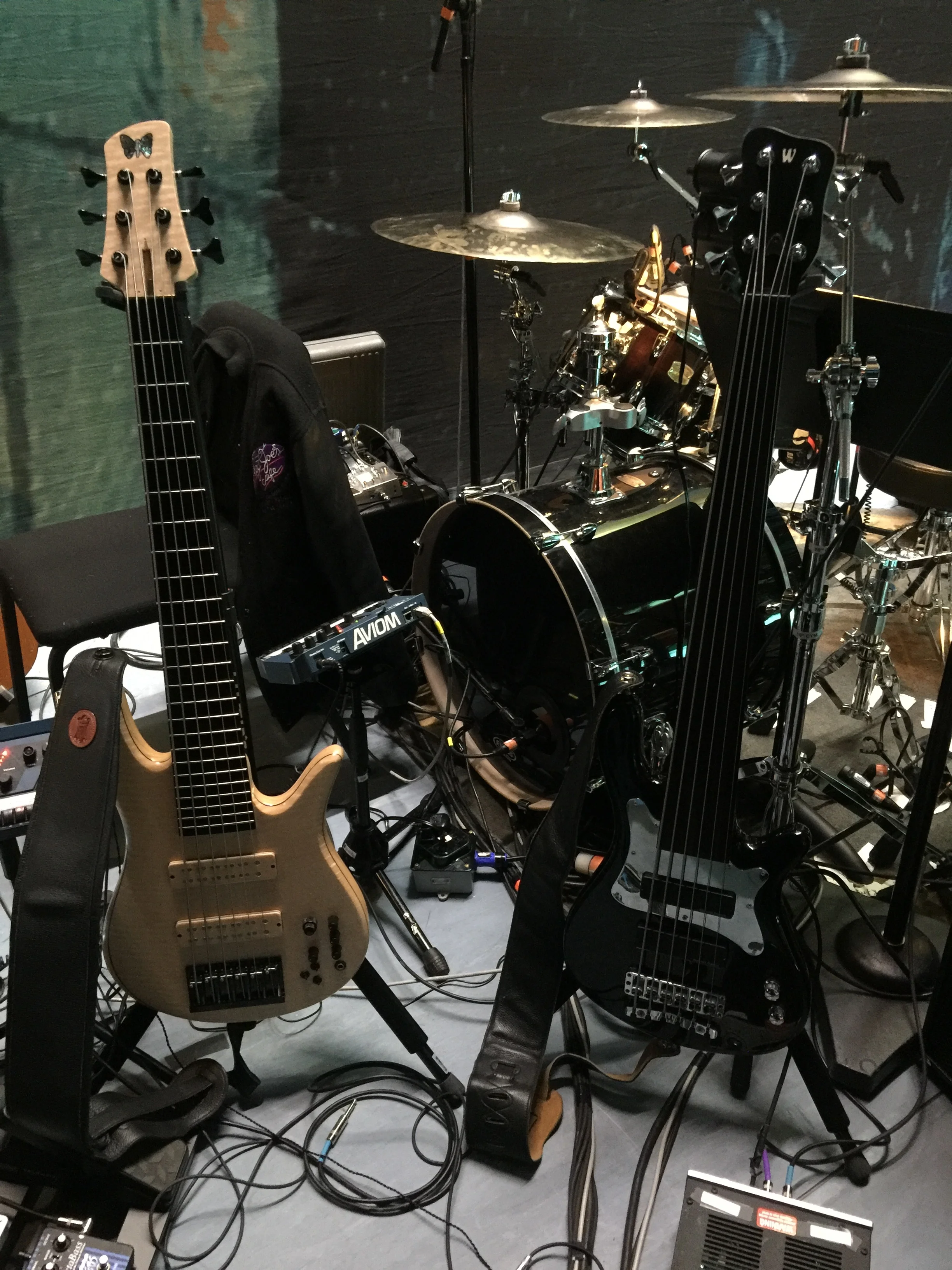 The two electric basses I play most - my Fodera Monarch 6 custom and my Warwick Steve Bailey signature fretless 6.