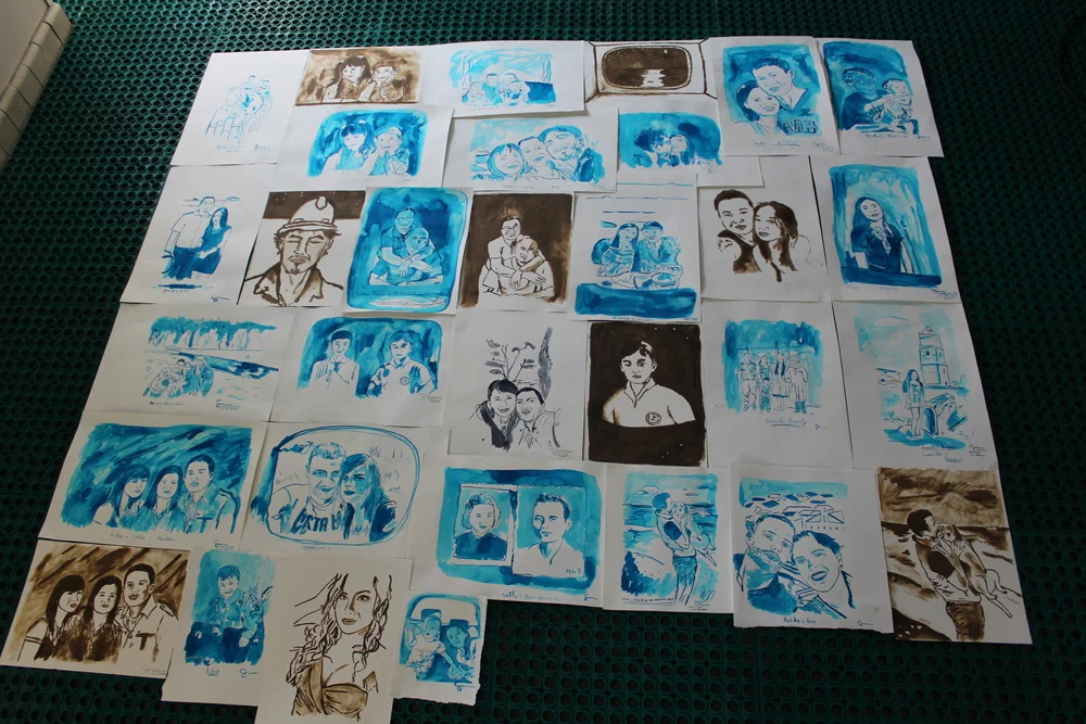 "Portraits from Home" Paintings made in heavy crude oil and ink on paper. Commissions from sailors about The Gemini, to paint images of their choosing from home. 