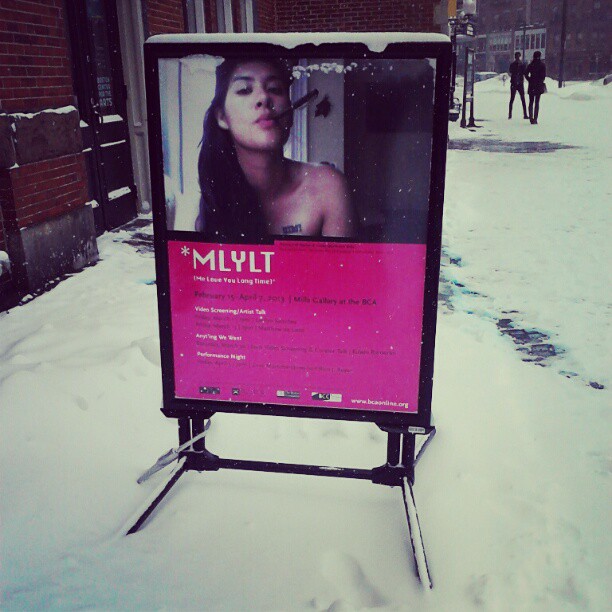 Image from business card used at poster for *MLYLT (Me Love You Long Time), Boston Center for The Arts, 2013. 