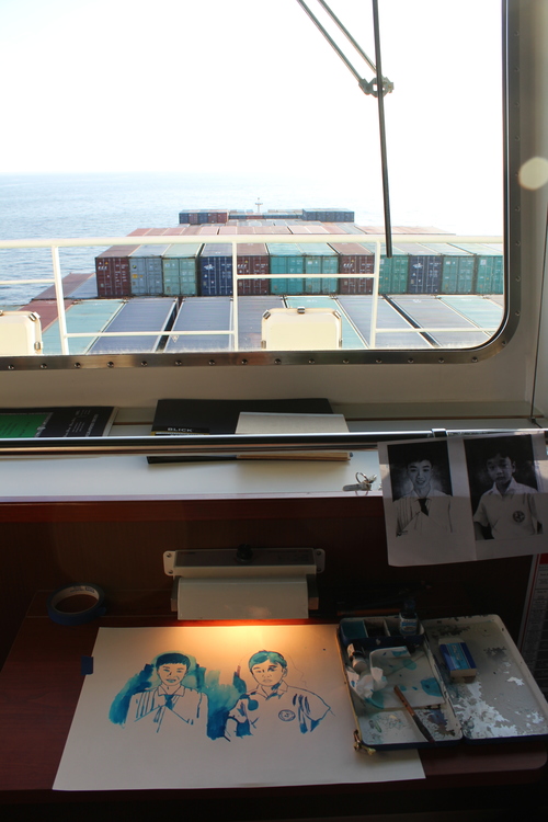 Working on portraits while onboard.