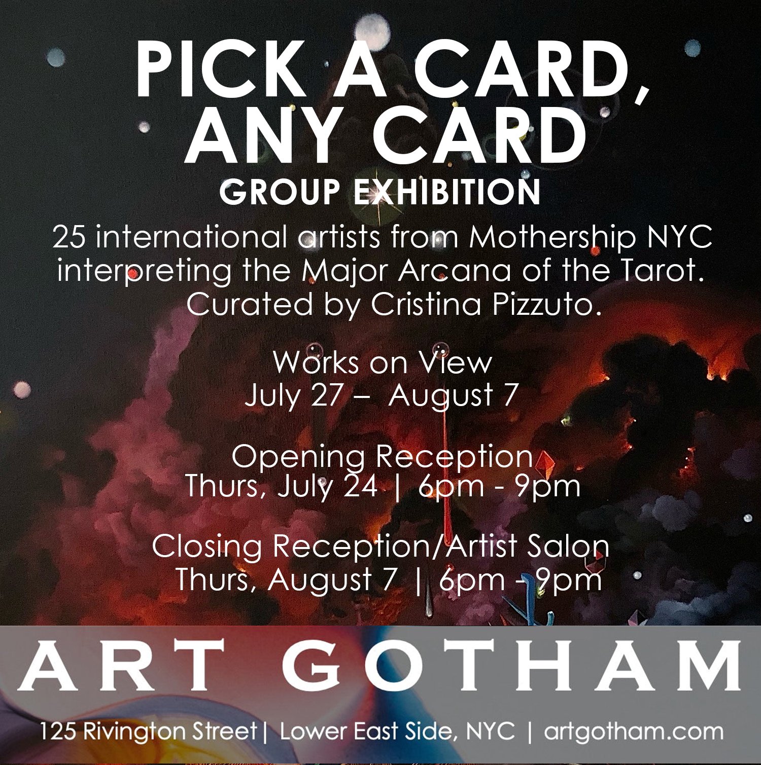 Marking Mothership NYC’s 20th anniversary in 2025, the Tarot-themed exhibit Pick a Card, Any Card unites 25 Mothershipper artists jointly representing 20 countries.